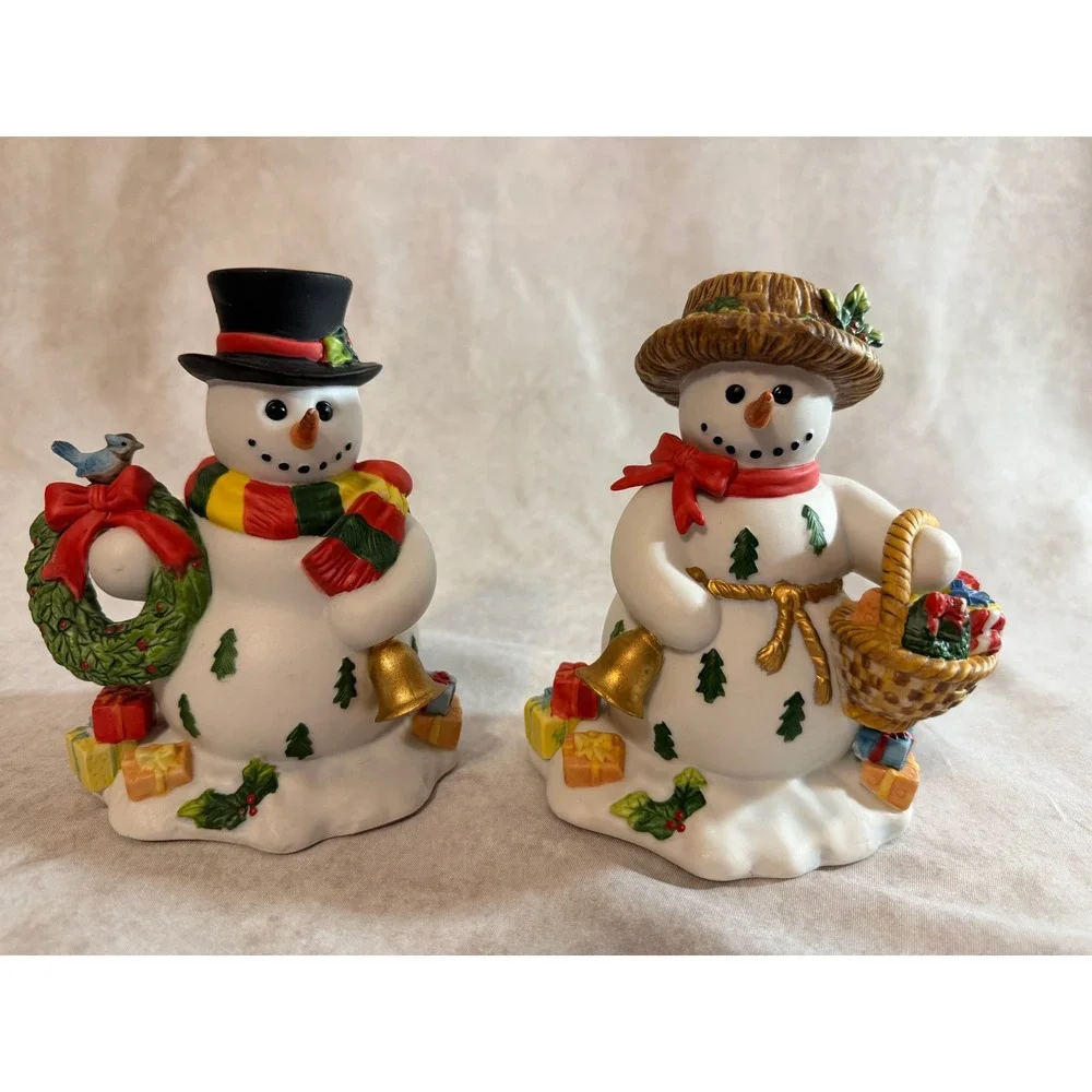 PartyLite Snowbell Snowman & Snowlady Christmas Candle Holders Ceramic Figurines